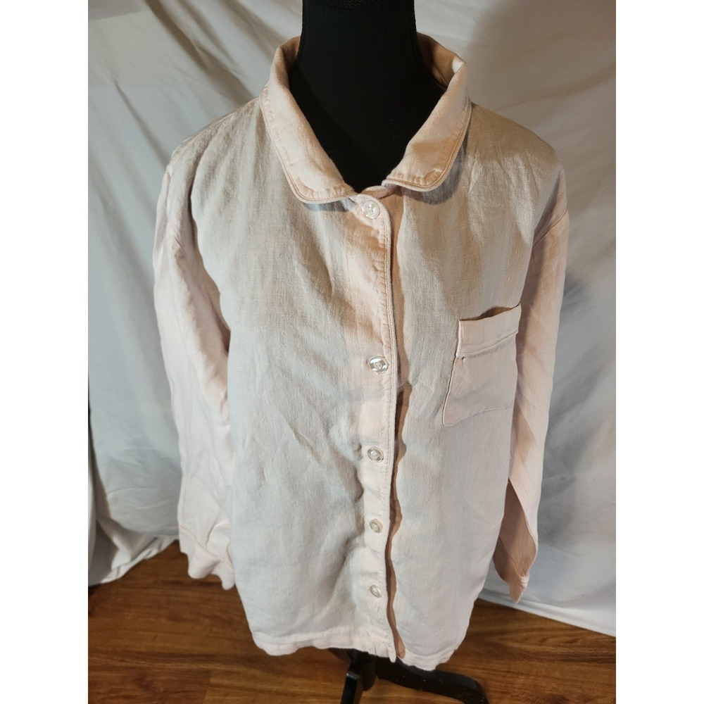 Annie Selke Pine Cone Hill Light Pink 100%‎ Linen Button Up Shirt Size Large